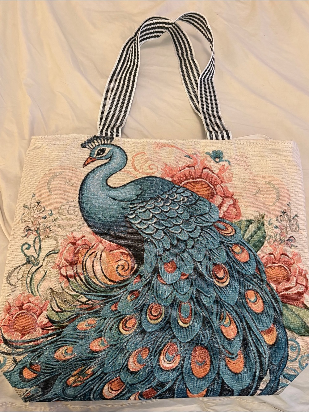 Peacock Tapestry Tote Bag Large Zip Top Canvas Shopper Beach Travel Floral Boho